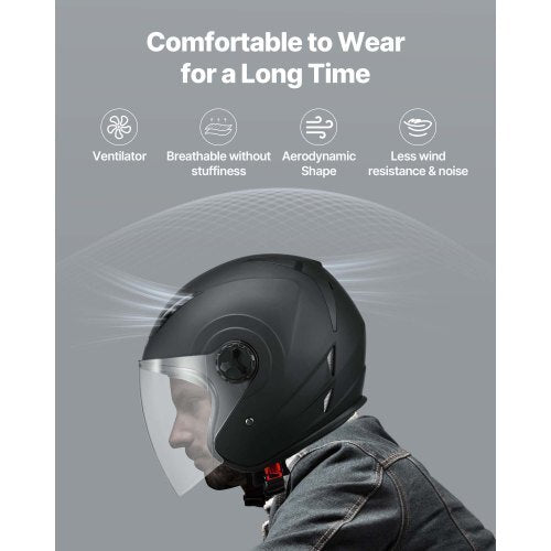 Motorcycle Helmet, 3/4 Open Face, Adult Motocross Dirt Bike Helmet with Clear Visor, Comfortable Motorbike Racing Street with Detachable Liner for Men & Women, DOT Approved, (Matte Black, XL)