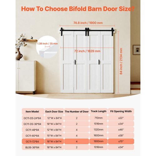 Bifold Barn Door, 72" x 84", MDF Bi-Fold Sliding Closet Doors, Hardware Kit Included, H-Frame Space-Saving Design, Pre-Assembled Panels for Bedroom, Living Room, Wardrobe and Room Divider, White
