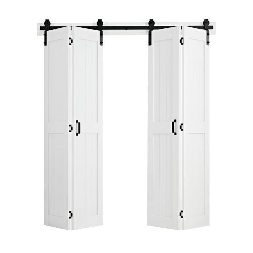 Bifold Barn Door, 72" x 84", MDF Bi-Fold Sliding Closet Doors, Hardware Kit Included, H-Frame Space-Saving Design, Pre-Assembled Panels for Bedroom, Living Room, Wardrobe and Room Divider, White