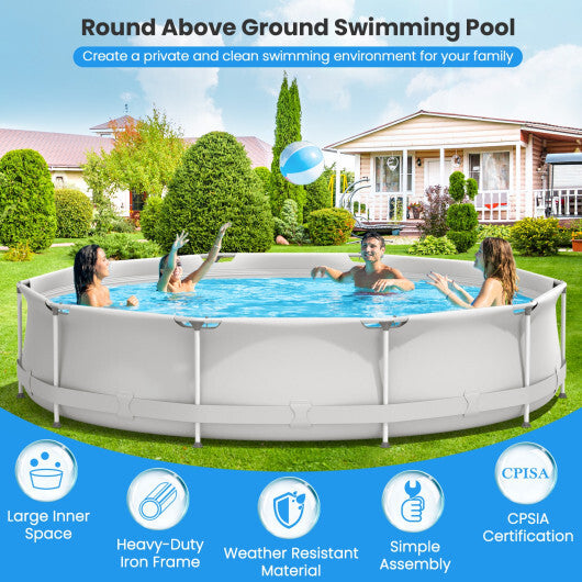 Round Above Ground Swimming Pool With Pool Cover-Gray - Color: Gray
