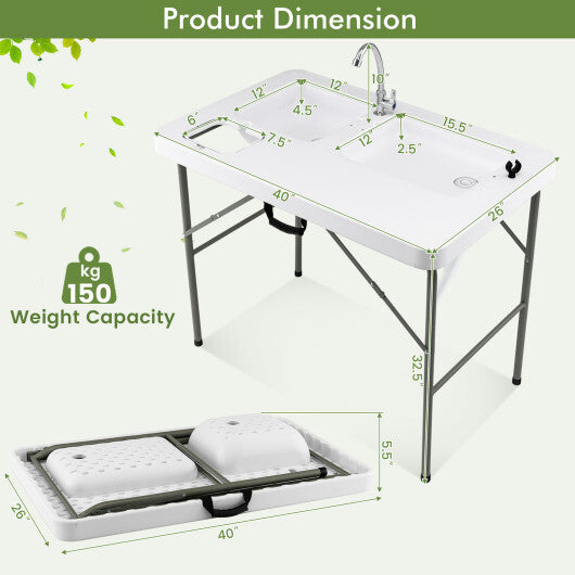 Fish Cleaning Table with 2 Sinks and 360 Rotatable Fauce-White