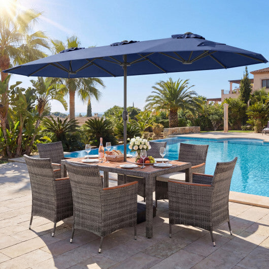 8-Piece Patio Dining Set with Double-Sided Market Umbrella-Navy - Color: Navy