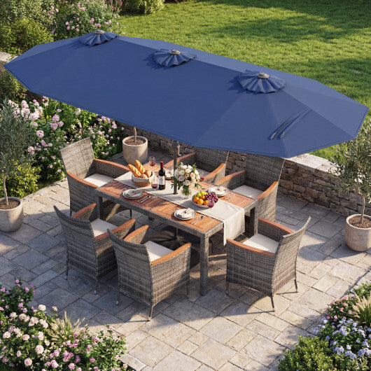 8-Piece Patio Dining Set with Double-Sided Market Umbrella-Navy - Color: Navy