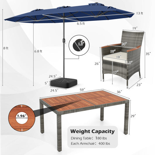 8-Piece Patio Dining Set with Double-Sided Market Umbrella-Navy - Color: Navy