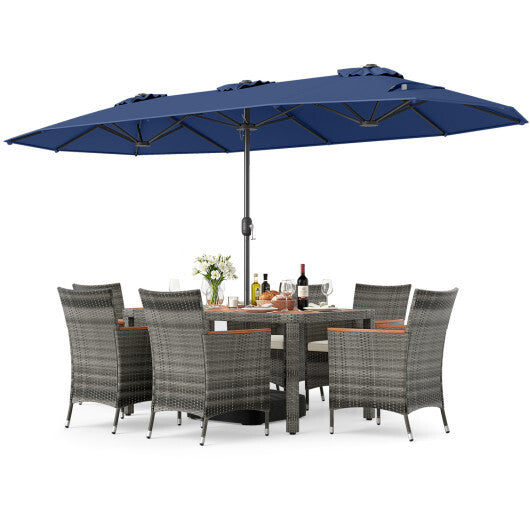 8-Piece Patio Dining Set with Double-Sided Market Umbrella-Navy - Color: Navy