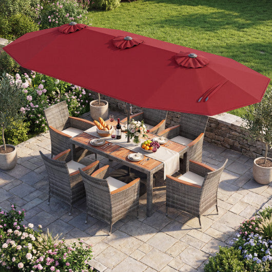 8 Pieces Outdoor Wicker Dining Furniture and 13.5 FT Double-Sided Patio Umbrella-Red - Color: Red