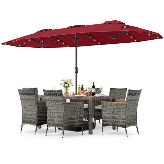 8 Pieces Outdoor Wicker Dining Furniture and 13.5 FT Double-Sided Patio Umbrella-Red - Color: Red