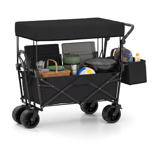 Collapsible Wagon with Removable Canopy and Detachable Storage Bag-Black - Color: Black