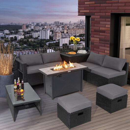 9 Pieces Outdoor PE Rattan Wicker Sectional Sofa with 42 Inch 60 000 BTU Gas Fire Pit Table-Gray - Color: Gray