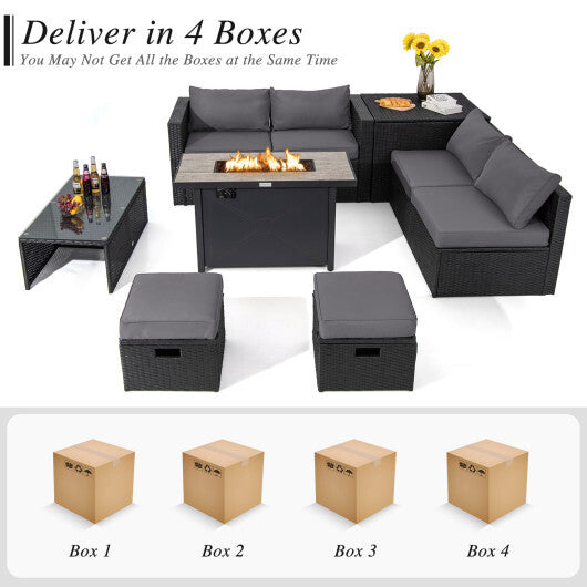9 Pieces Outdoor PE Rattan Wicker Sectional Sofa with 42 Inch 60 000 BTU Gas Fire Pit Table-Gray - Color: Gray