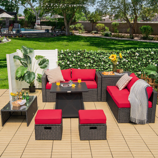 9 Piece Weatherproof Rattan Patio Conversation Set with 30 Inches Propane Fire Pit Table and Dust Covers-Red - Color: Red