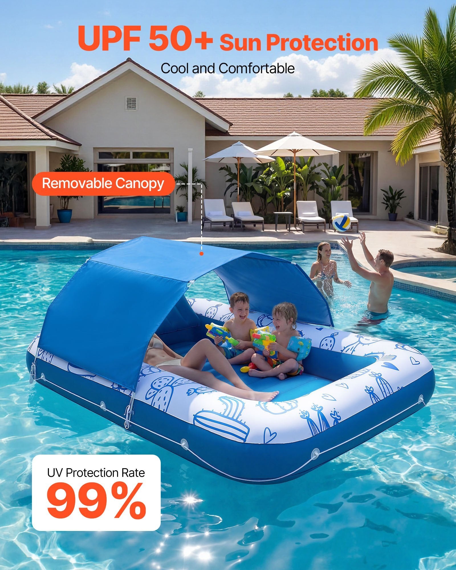 Inflatable Pool Float with UPF 50+ Canopy, 82" x 55" Large Tanning Pool Floating Lounger for Adults, 550LBS Capacity Sunbathing Lounger Floaties with Pillow, Phone & Cup Holder for Water Fun