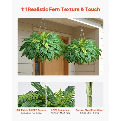 Artificial Ferns, 48 Inch Fake Boston Fern Bush Plant with 67 Fronds, Faux Greenery for Indoor/Outdoor Decor, Silk & LDPE, Suitable for Home Porch Garden Office Living Room Planter, Set of 2