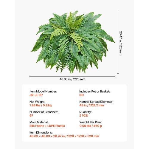 Artificial Ferns, 48 Inch Fake Boston Fern Bush Plant with 67 Fronds, Faux Greenery for Indoor/Outdoor Decor, Silk & LDPE, Suitable for Home Porch Garden Office Living Room Planter, Set of 2