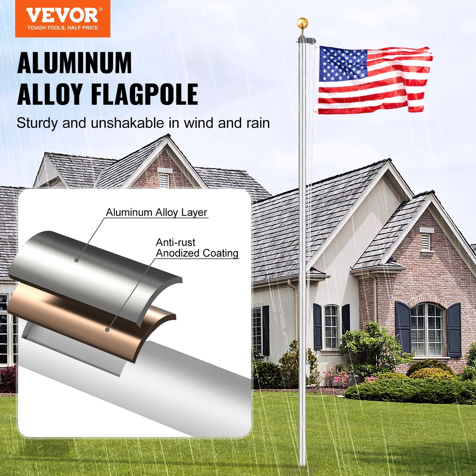 25FT Sectional Flag pole Kit, Heavy Duty Aluminum Alloy in Ground Flag poles for Outside, 3 Display Modes Flagpole with 3x5 American Flag, Professional Accessories, Silver