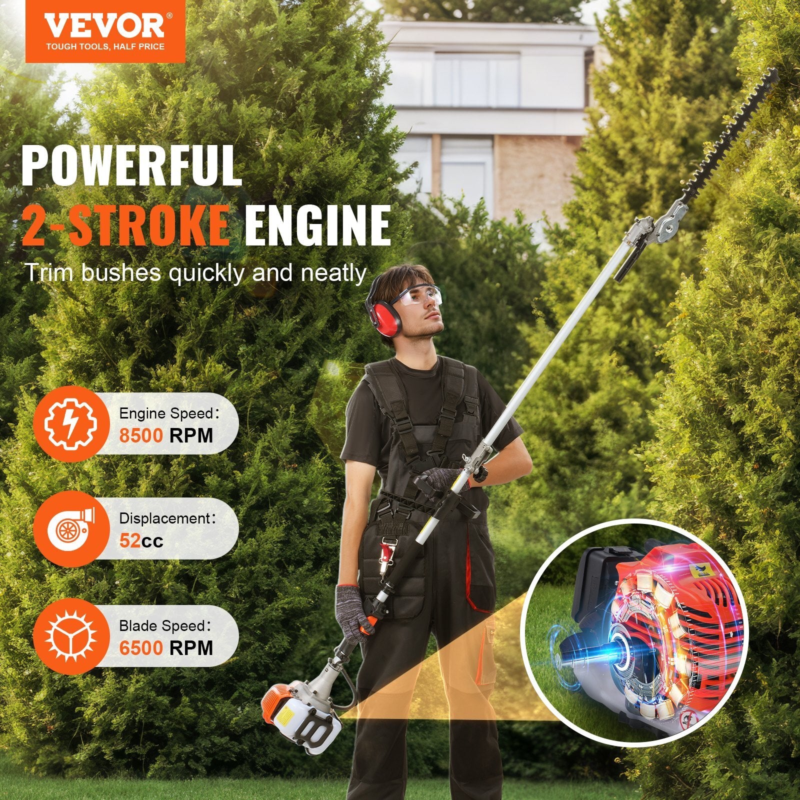 52CC 6-in-1 Multi-Functional Trimming Tools, Gas Hedge Trimmer, Weed Eater, String Trimmer, Brush Cutter, Edger, Pole Saw Chainsaw Pruner with Extension Pole
