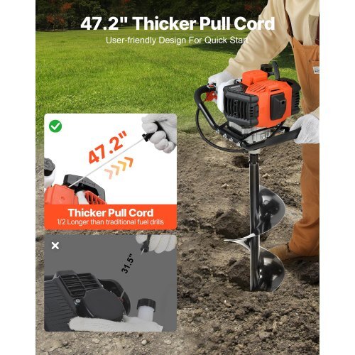 Gas Powered Post Hole Digger, 52cc Post Hole Auger with 6" & 10" Bits, 3 Extension Rods, 1450W Heavy-Duty Earth Auger for Fence Posts, Deck / Pergola Posts, Plant / Tree Planting, EPA Listed