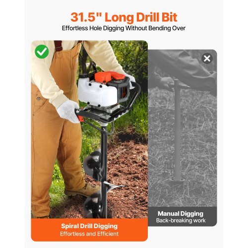 Gas Powered Post Hole Digger, 52cc Post Hole Auger with 6" & 10" Bits, 3 Extension Rods, 1450W Heavy-Duty Earth Auger for Fence Posts, Deck / Pergola Posts, Plant / Tree Planting, EPA Listed