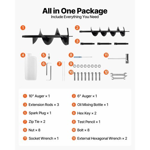 Gas Powered Post Hole Digger, 52cc Post Hole Auger with 6" & 10" Bits, 3 Extension Rods, 1450W Heavy-Duty Earth Auger for Fence Posts, Deck / Pergola Posts, Plant / Tree Planting, EPA Listed