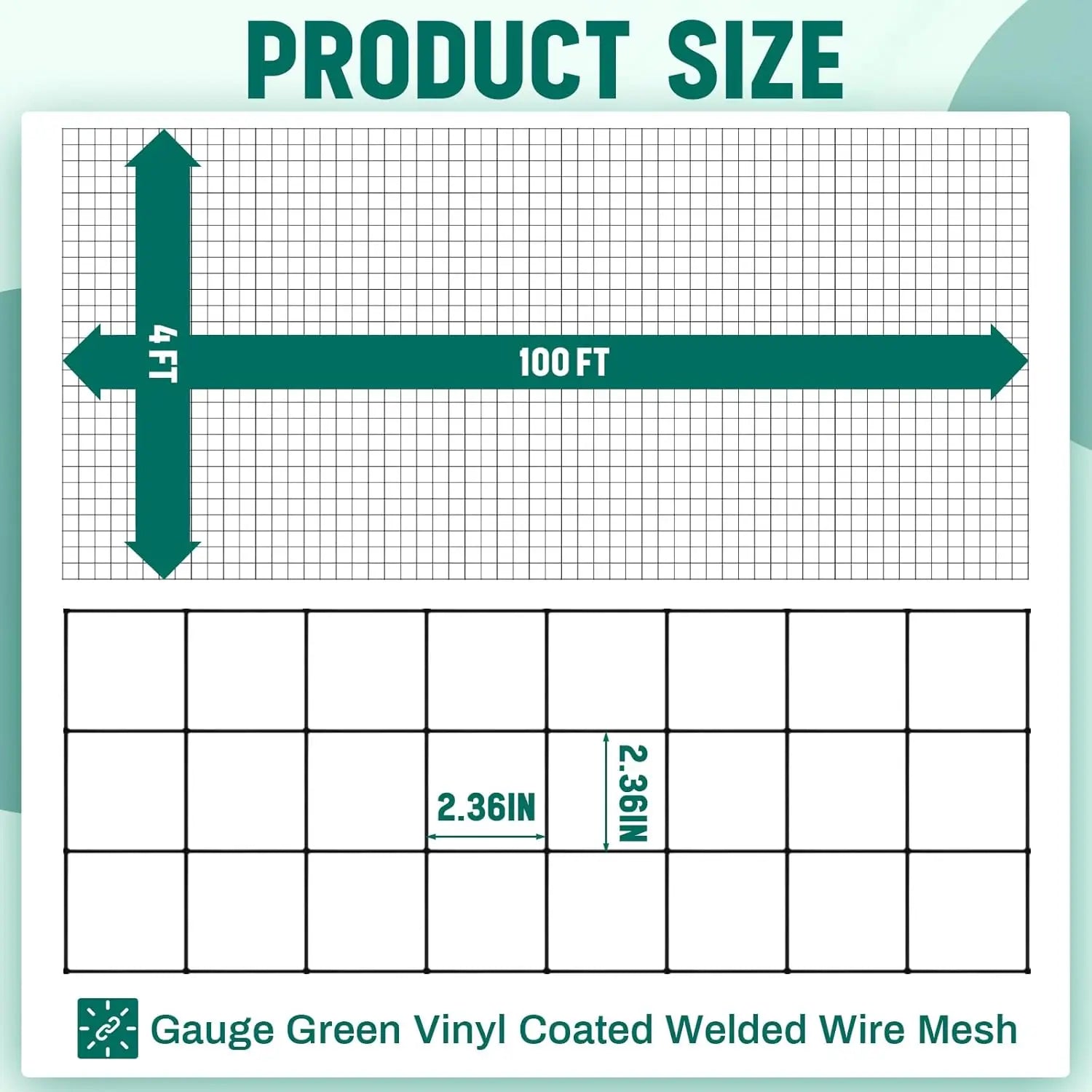 16 Gauge Galvanized Welded Wire Fence 4 ft x 100 ft PVC Coated Hardware Cloth, 2.36" x 2.36" Mesh, Heavy Duty Garden Fencing Rol