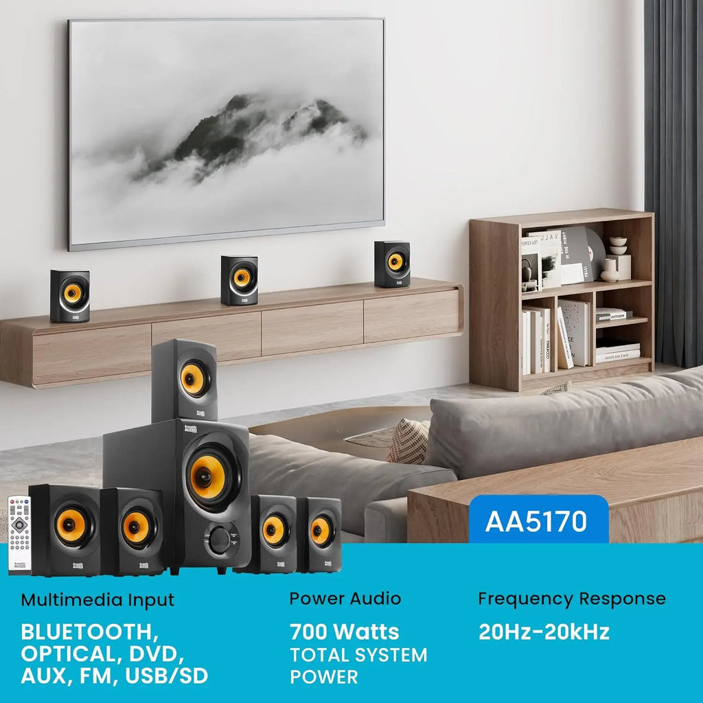 700W Bluetooth Home Theater Speaker System with Powered Subwoofer, 5.1 Channel Audio for Immersive Sound