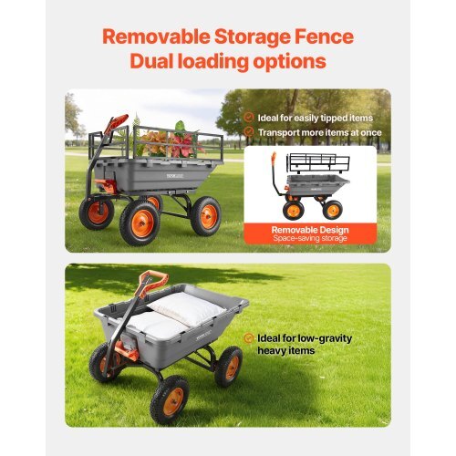Garden Dump Cart, 1500lbs Poly Dump Cart, 15 Cu. Ft. Garden Carts Dumps Wagon with 2-in-1 Convertible Handle, 90? Quick-Dumps Mechanism, Adjustable Handle, Yard Wagon for Plants, Soil, Crops