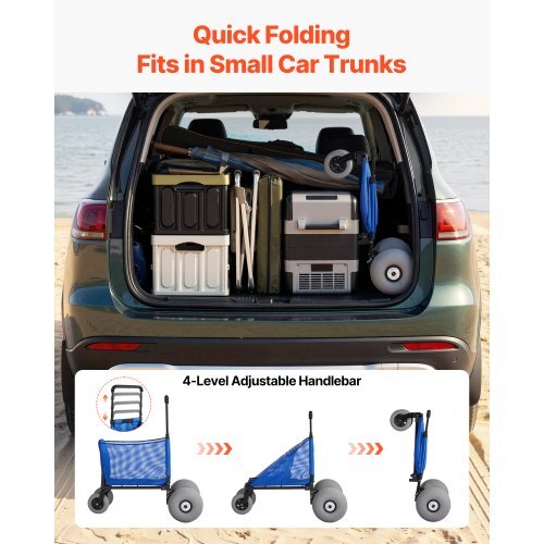 Beach Cart with Large Wheels for Sand, 165 lbs Load Capacity, Heavy Duty Folding Beach Wagon with 12" Balloon Wheels, Storage Bag, 33" to 45" Adjustable Height, Dolly for Camping Fishing Garden