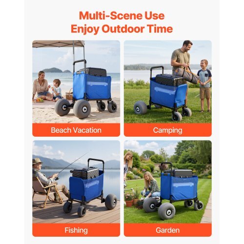 Beach Cart with Large Wheels for Sand, 165 lbs Load Capacity, Heavy Duty Folding Beach Wagon with 12" Balloon Wheels, Storage Bag, 33" to 45" Adjustable Height, Dolly for Camping Fishing Garden