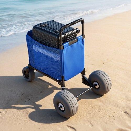 Beach Cart with Large Wheels for Sand, 165 lbs Load Capacity, Heavy Duty Folding Beach Wagon with 12" Balloon Wheels, Storage Bag, 33" to 45" Adjustable Height, Dolly for Camping Fishing Garden