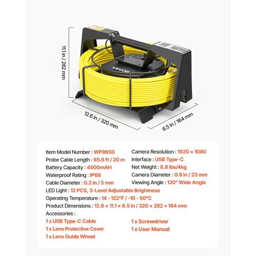 2026 Upgraded Sewer Camera with WiFi, 65.6ft/20m Drain Pipeline Camera, IP68 Snake Plumbing Cameras with Light- 12 LEDS, Wireless WiFi Connectivity to Phone/Tablet for Sewer Duct Pipe Inspection