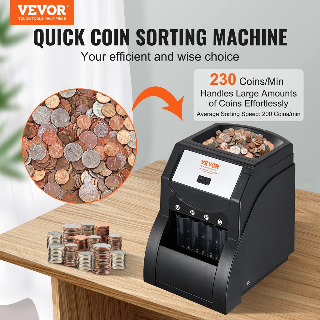 USD Coin Sorter, Coin Sorter Machine for USD Coin 1? 5? 10? 25?, Sorts up to 230 Coins/min, Coin Sorter and Wrapper Machine Holds 200 Coins Included 4 Coin Tubes, Black
