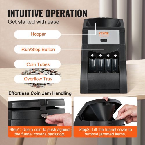 USD Coin Sorter, Coin Sorter Machine for USD Coin 1? 5? 10? 25?, Sorts up to 230 Coins/min, Coin Sorter and Wrapper Machine Holds 200 Coins Included 4 Coin Tubes, Black
