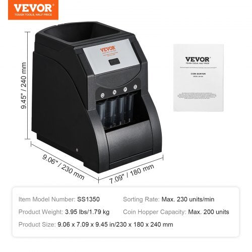 USD Coin Sorter, Coin Sorter Machine for USD Coin 1? 5? 10? 25?, Sorts up to 230 Coins/min, Coin Sorter and Wrapper Machine Holds 200 Coins Included 4 Coin Tubes, Black