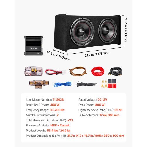 Subwoofer Bass Package, 12 in, 490W RMS, Dual Car Audio Subwoofer and Amp Package, with Loaded Enclosure, Separate Amplifier, and Wiring Kit, for Various Vehicles Trunks, Car Audio Systems