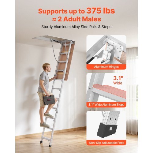 Aluminum Attic Ladder, Fits 9.8'-10.3'/7.66'-9.8' Ceiling Height, 54" x 22.5" Opening, 375 lbs Load Capacity, Multi-Purpose Foldable Lightweight and Portable Attic Stairs for Convenient Access