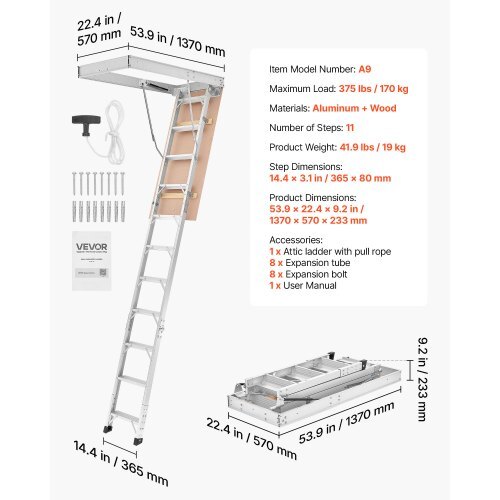 Aluminum Attic Ladder, Fits 9.8'-10.3'/7.66'-9.8' Ceiling Height, 54" x 22.5" Opening, 375 lbs Load Capacity, Multi-Purpose Foldable Lightweight and Portable Attic Stairs for Convenient Access