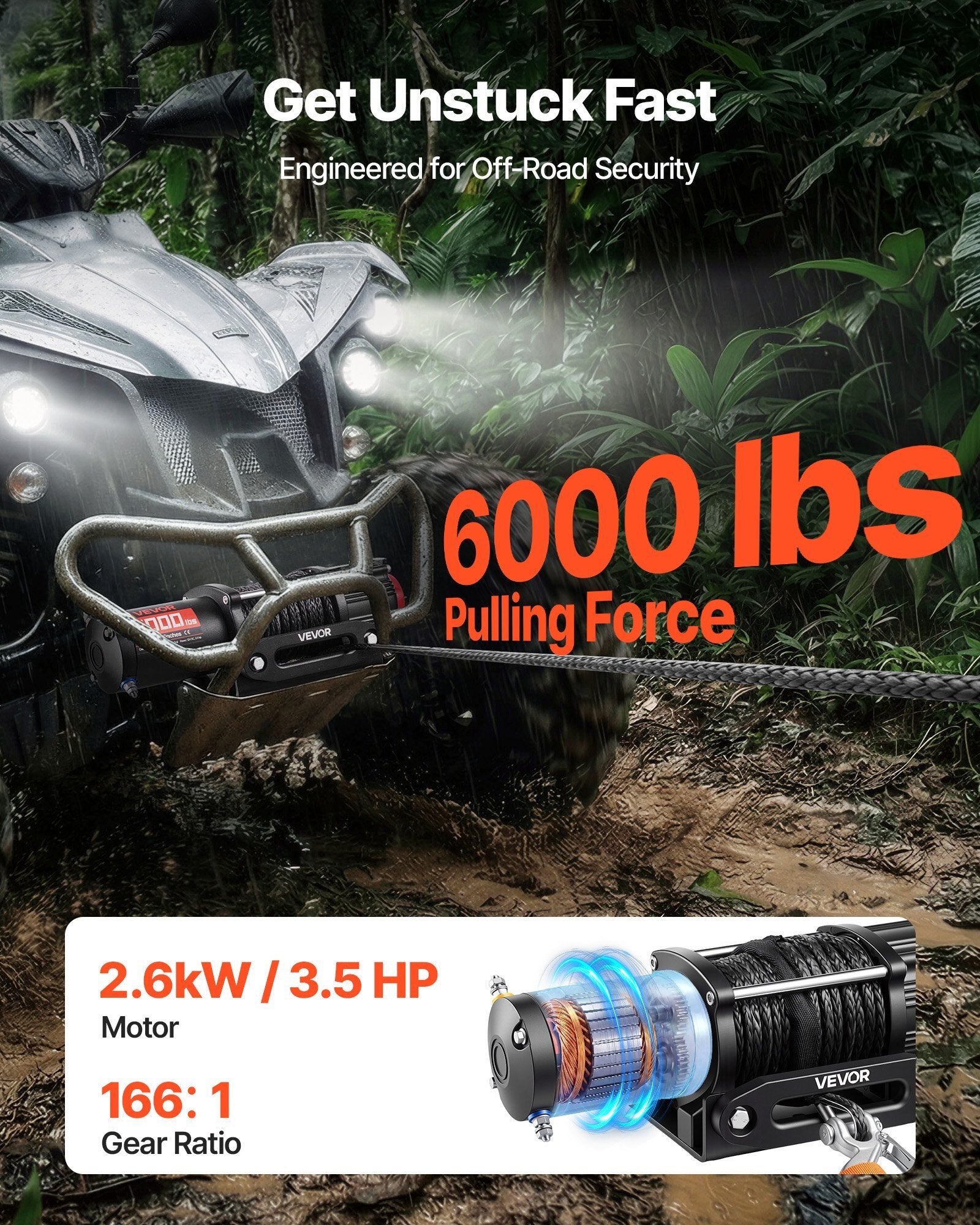 6000 lbs Electric Winch, 12V DC ATV/UTV Winch with ?0.24 in x 49.2 ft Synthetic Rope, Wireless & Wired Remote Control, IP55 Waterproof, with Fairlead Mount Plate for Towing ATV UTV Off-Road