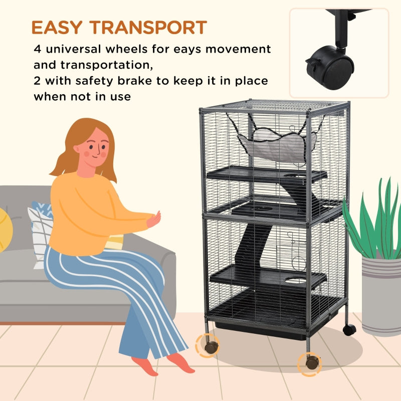 Metal Small Animal Cage Rolling Big Ferret Cage, Chinchilla Cage, Sugar Glider Cage, With Hammock & 4 Tiers, Removable Tray, Gray